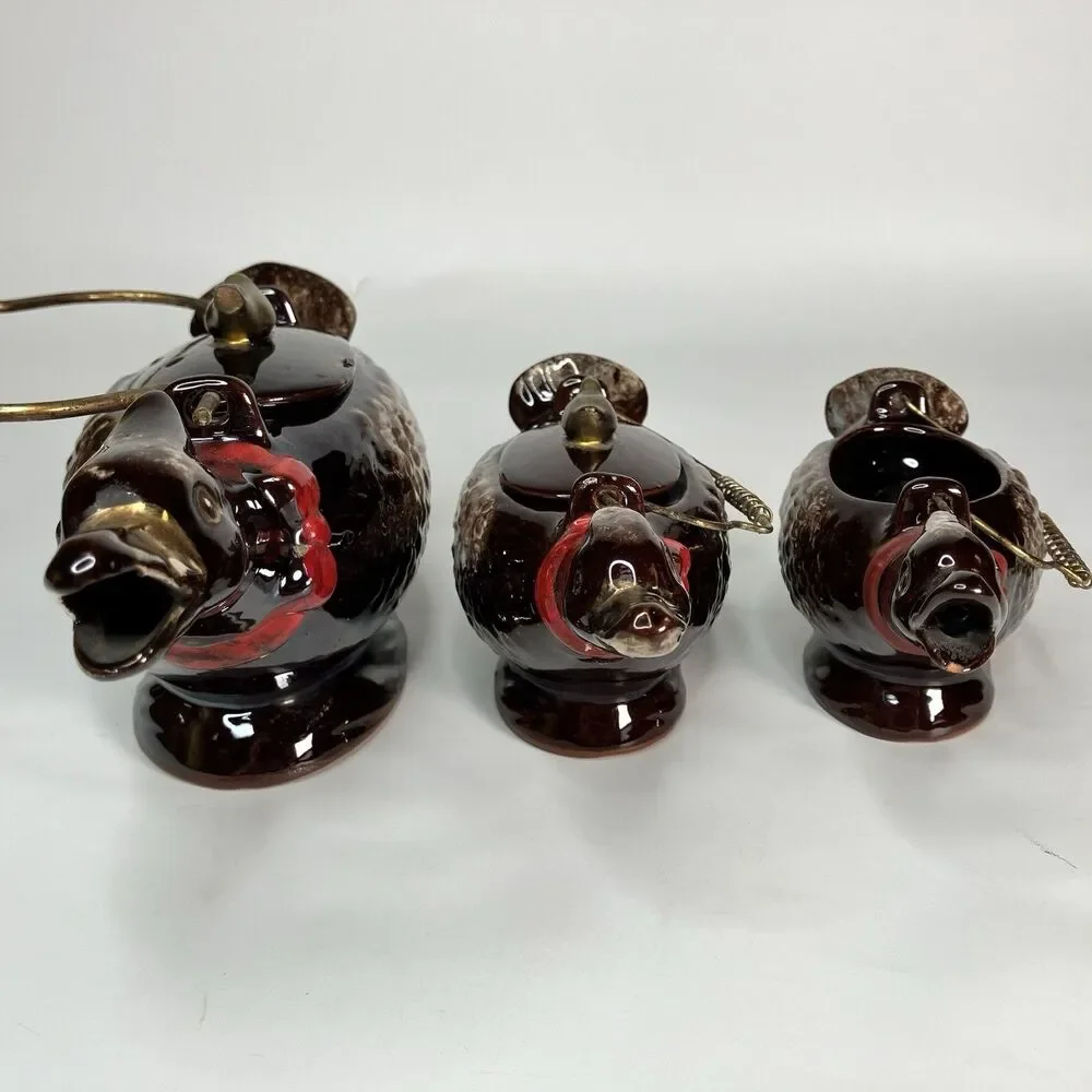 5 Piece VTG Redware Ceramic Duck Tea Set Teapot Cream Sugar Japan W/ Lids Animal